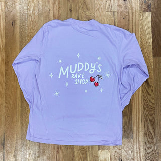 Muddy's Tee Shirt long sleeve- retro logo on orchid