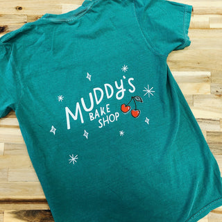 Muddy's Tee Shirt- retro logo on green